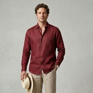 Neiman Marcus Mens Silk Linen Button Down Shirt Burgundy Red Long Sleeve Size M